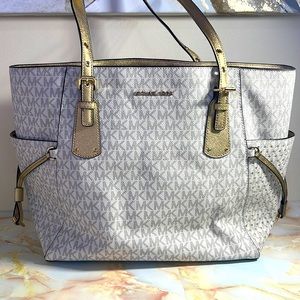 Michael Kors White Monogram with Gold Tote